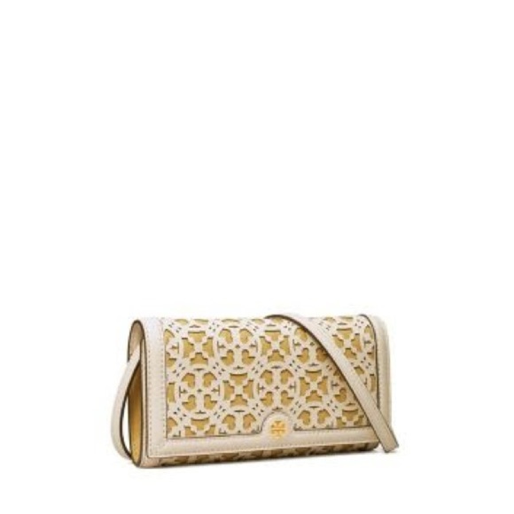 Tory Burch T Monogram Laser Cut Wallet Crossbody Bag New Ivory Beeswax Gold - Picture 13 of 14